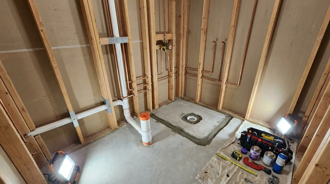 Bathroom rough-in plumbing during remodel by Johns Plumbing LLC in Elkhart