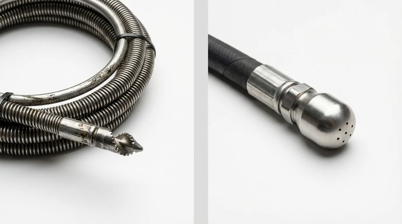 Drain snake cable and hydro jetting nozzle used for drain cleaning in Elkhart, IN