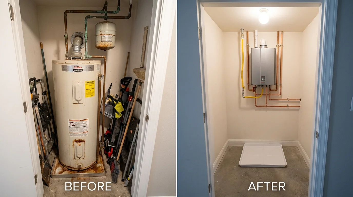 Tank water heater versus wall-mounted tankless unit comparison for Elkhart, IN homeowners