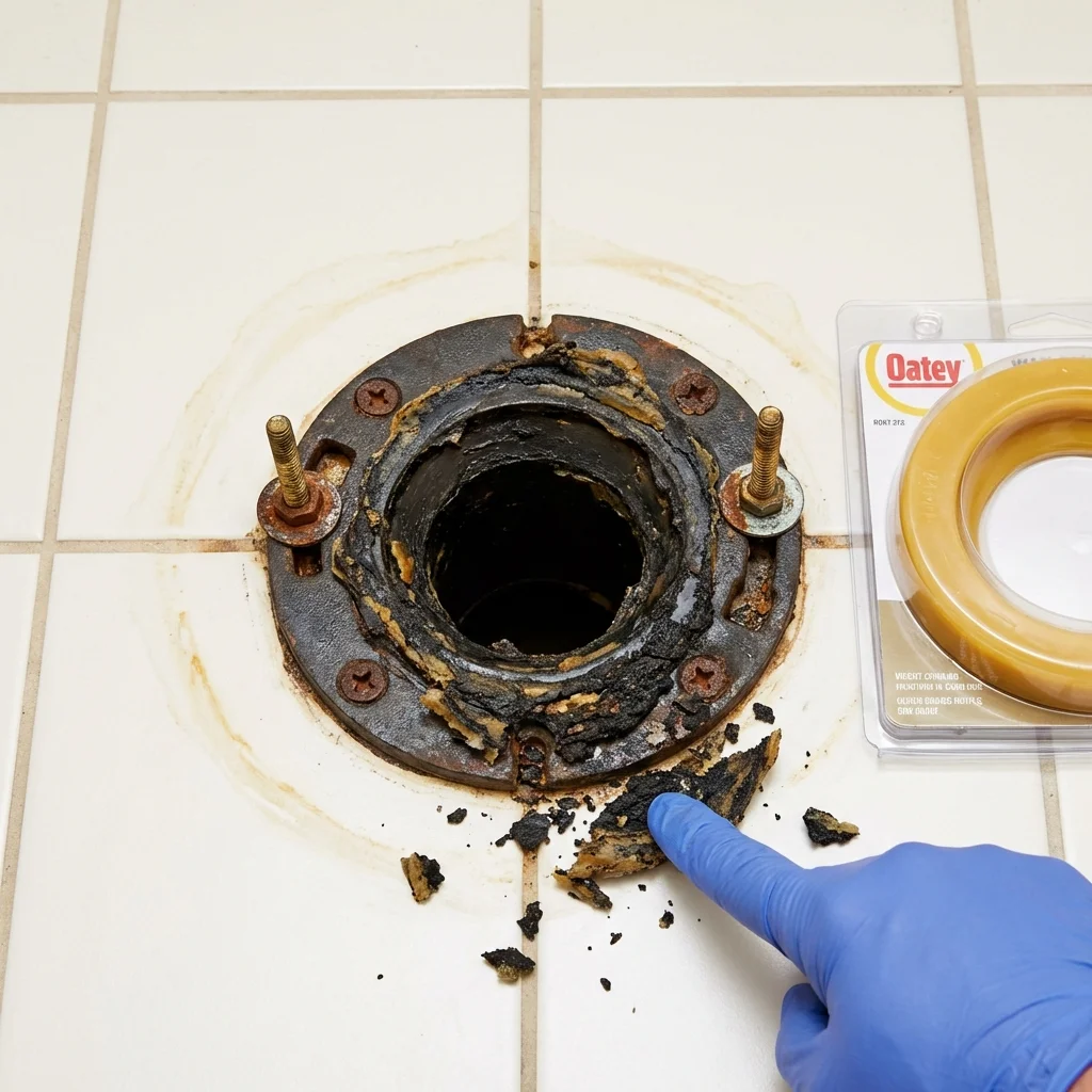 Failed wax ring showing water seepage at the base of a toilet in a Elkhart, IN home
