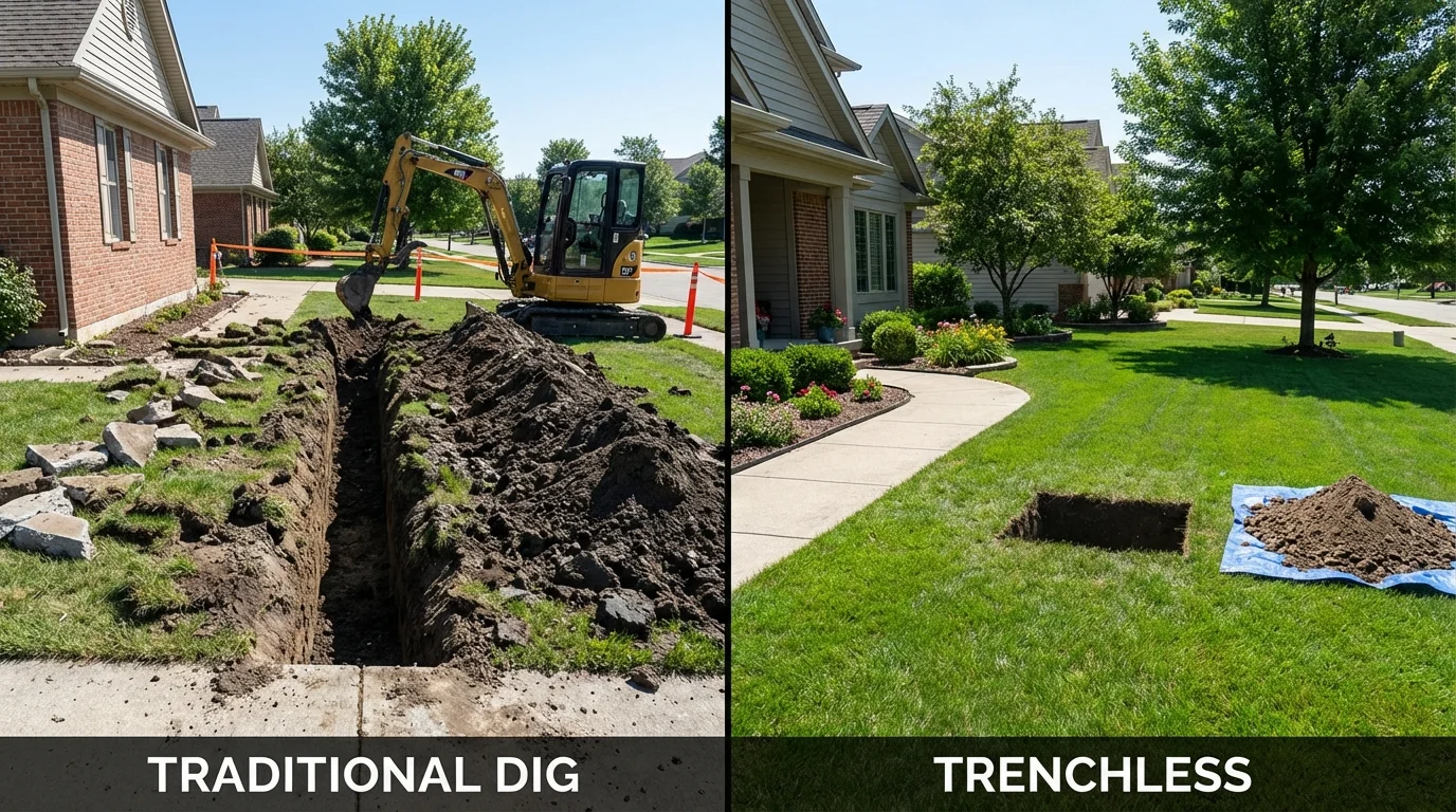 Trenchless sewer repair with minimal yard damage versus traditional excavation in Elkhart, IN