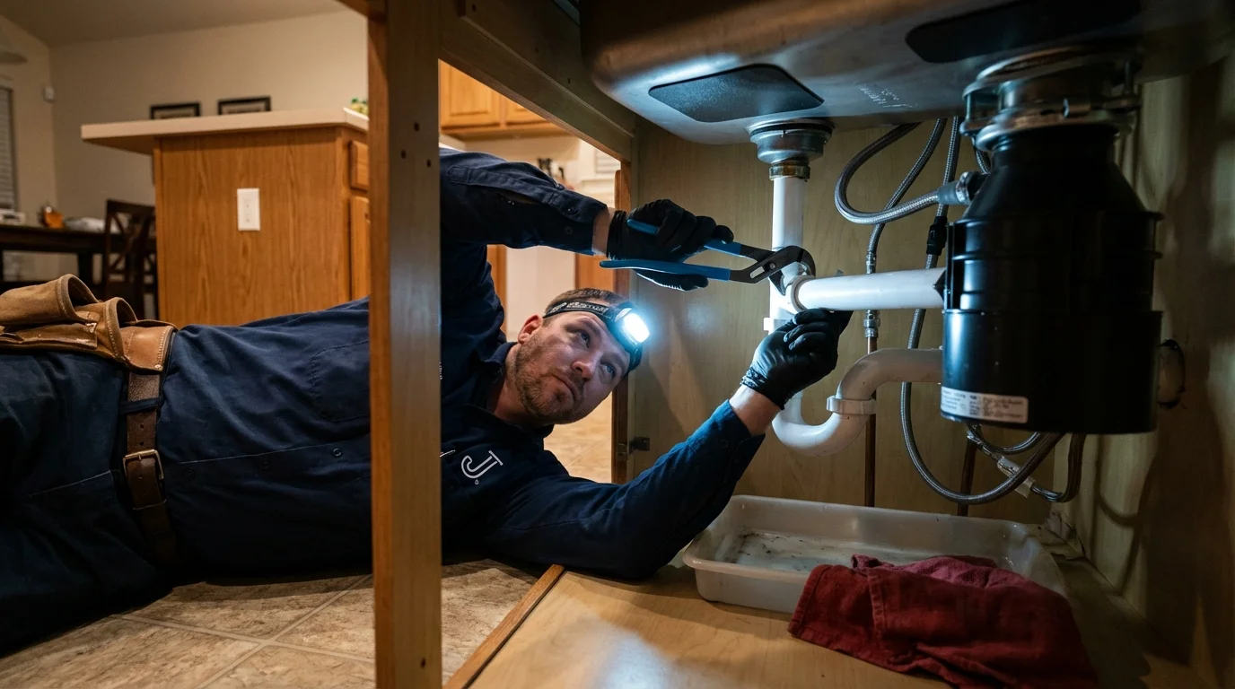 P-trap and supply line connections under a kitchen sink showing a common leak point in Elkhart, IN